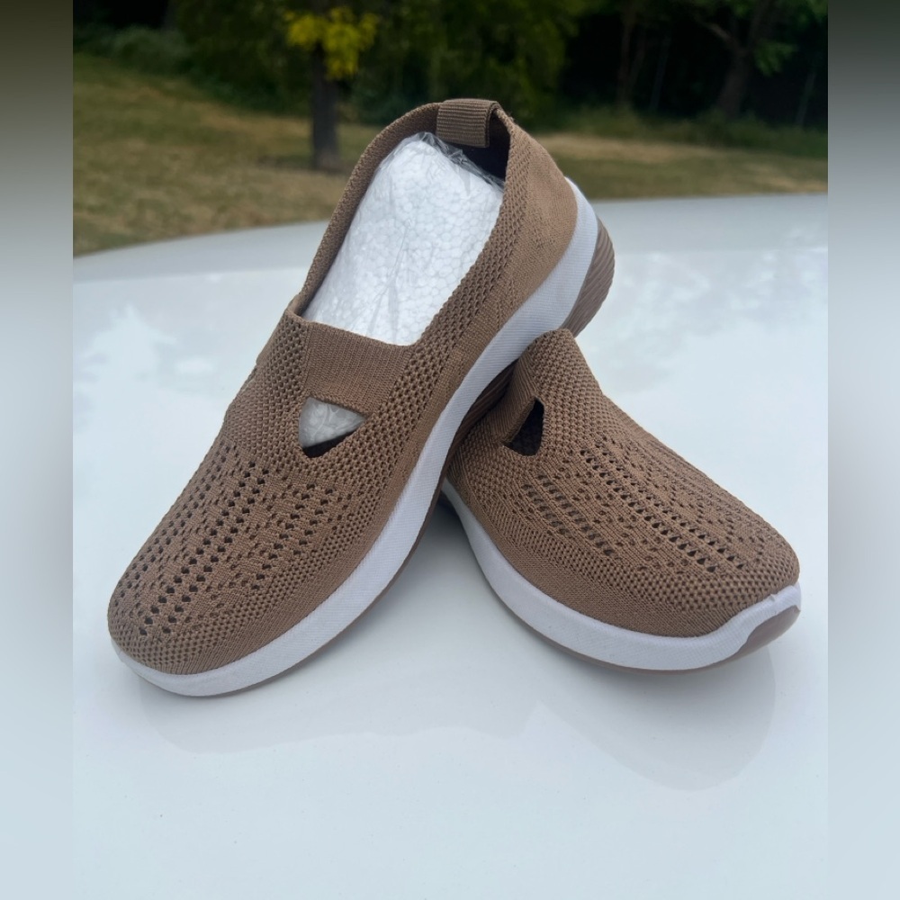Women’s Knit Slip-On Walking Shoes - Taupe - Picture 2 of 6